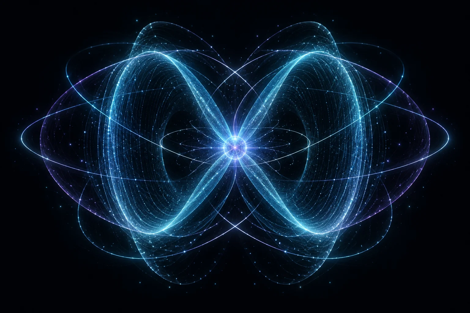 Abstract cyan and violet orbital curves forming an M around a luminous center